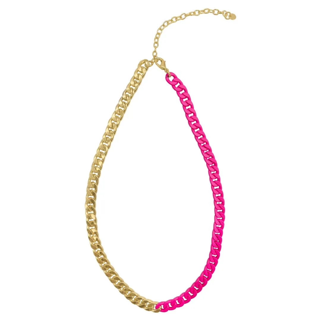 14k Gold Plated Half Neon Pink Half Curb Chain Necklace