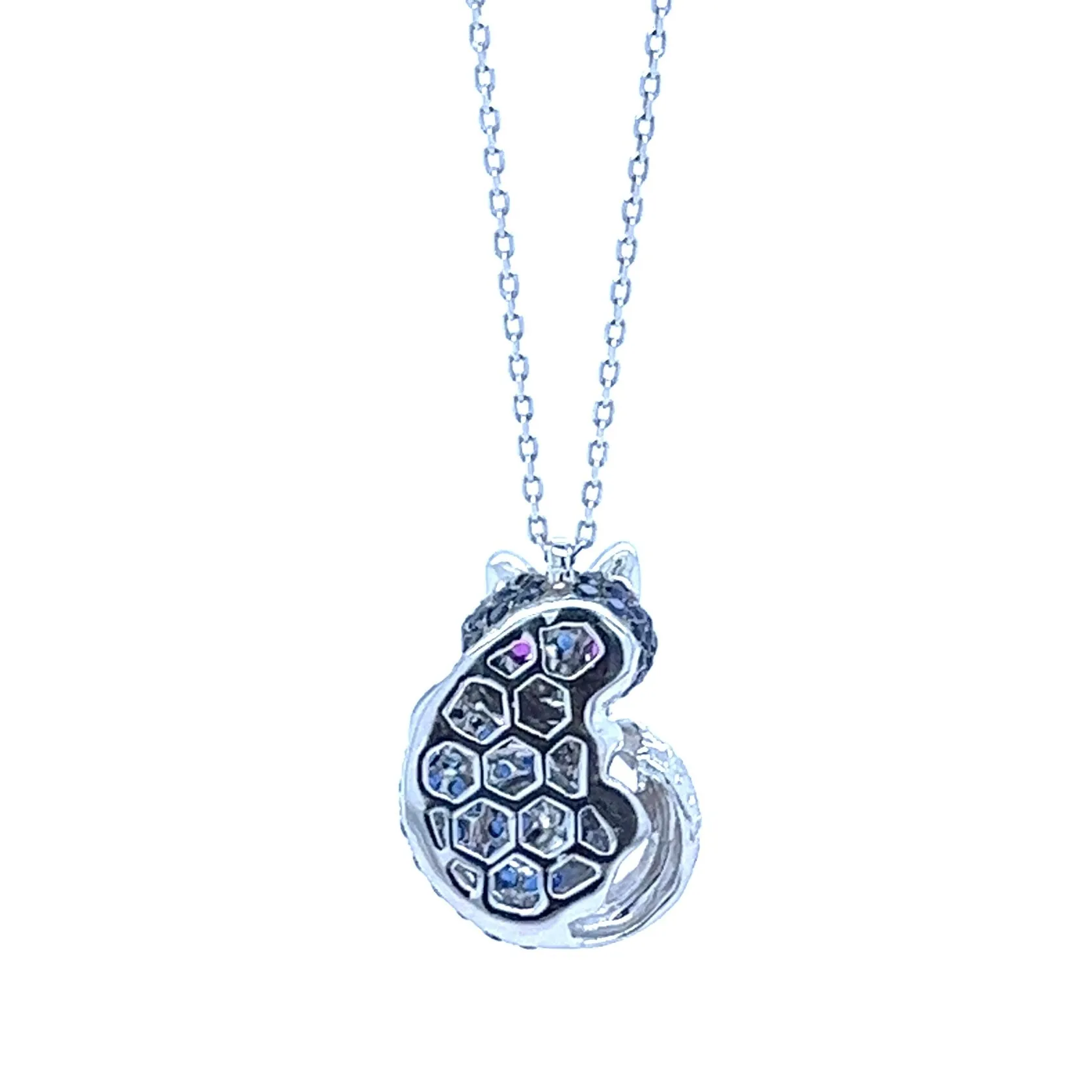 18K White Gold Blue Sapphire Fox Pendant with Diamonds