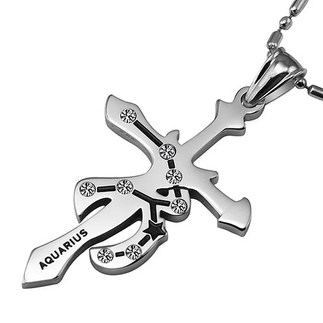 7SEAS Fashion 12 Zodiac Signs Constellations Pendants Necklace Stainless Steel Austrian Crystal Jewelry For Women and Man,JM435