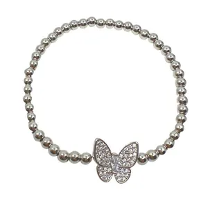 Beaded Bracelet With Pave Butterfly: Silver Plated (BS45BFLY)