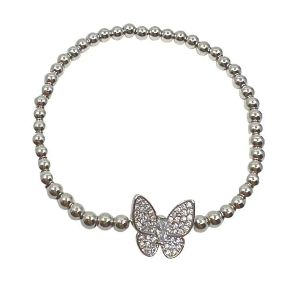 Beaded Bracelet With Pave Butterfly: Silver Plated (BS45BFLY)