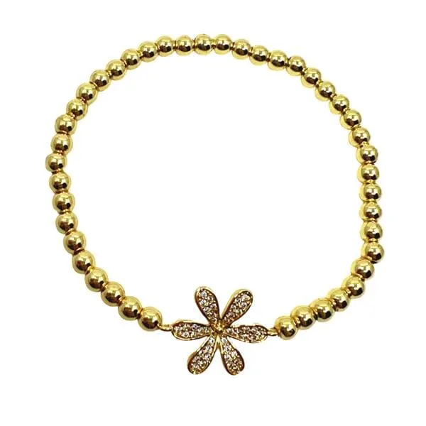 Beaded Bracelet With Pave Flower: Gold Plated (BG45FLWR)