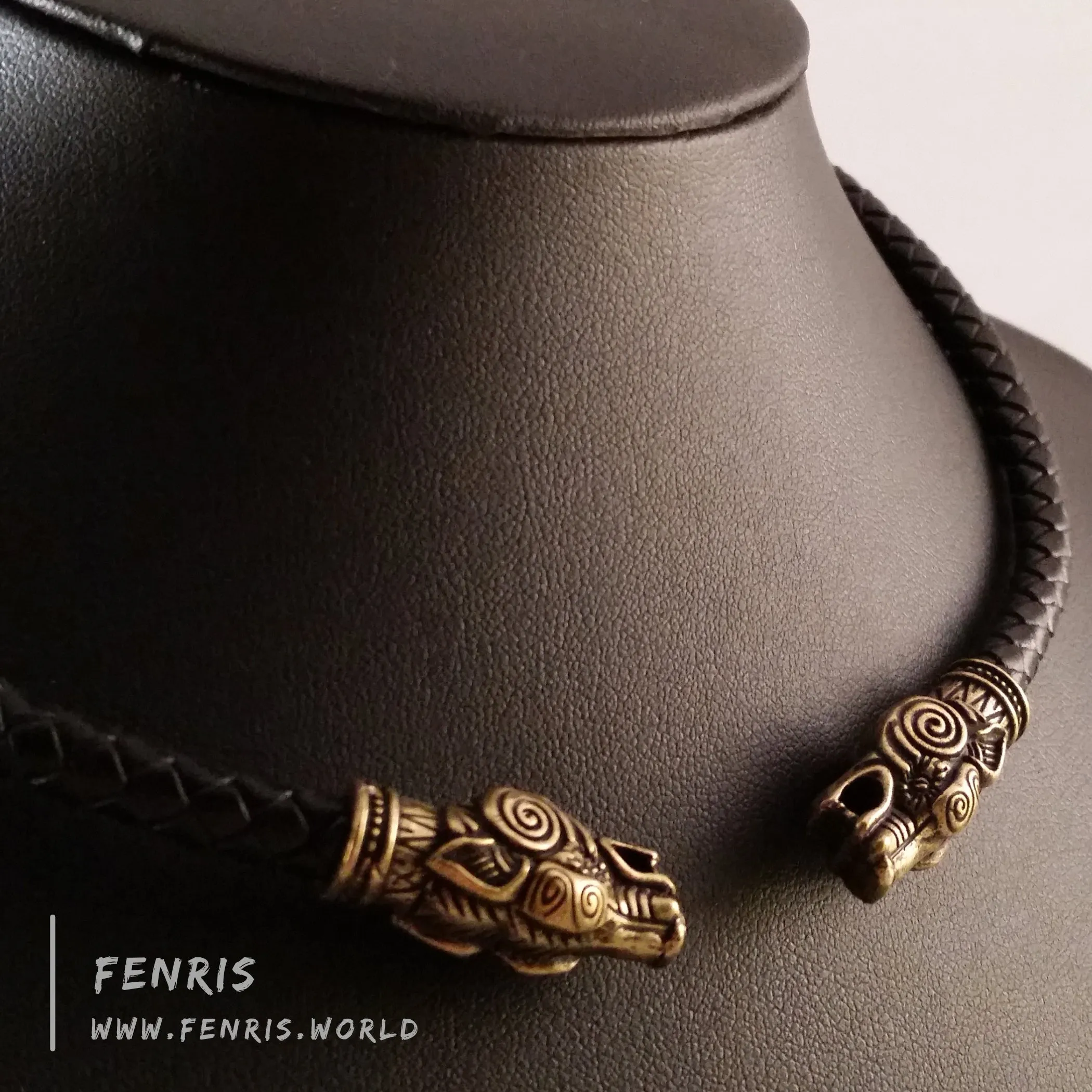 Bronze Torc Wolf Black Leather | Fenris