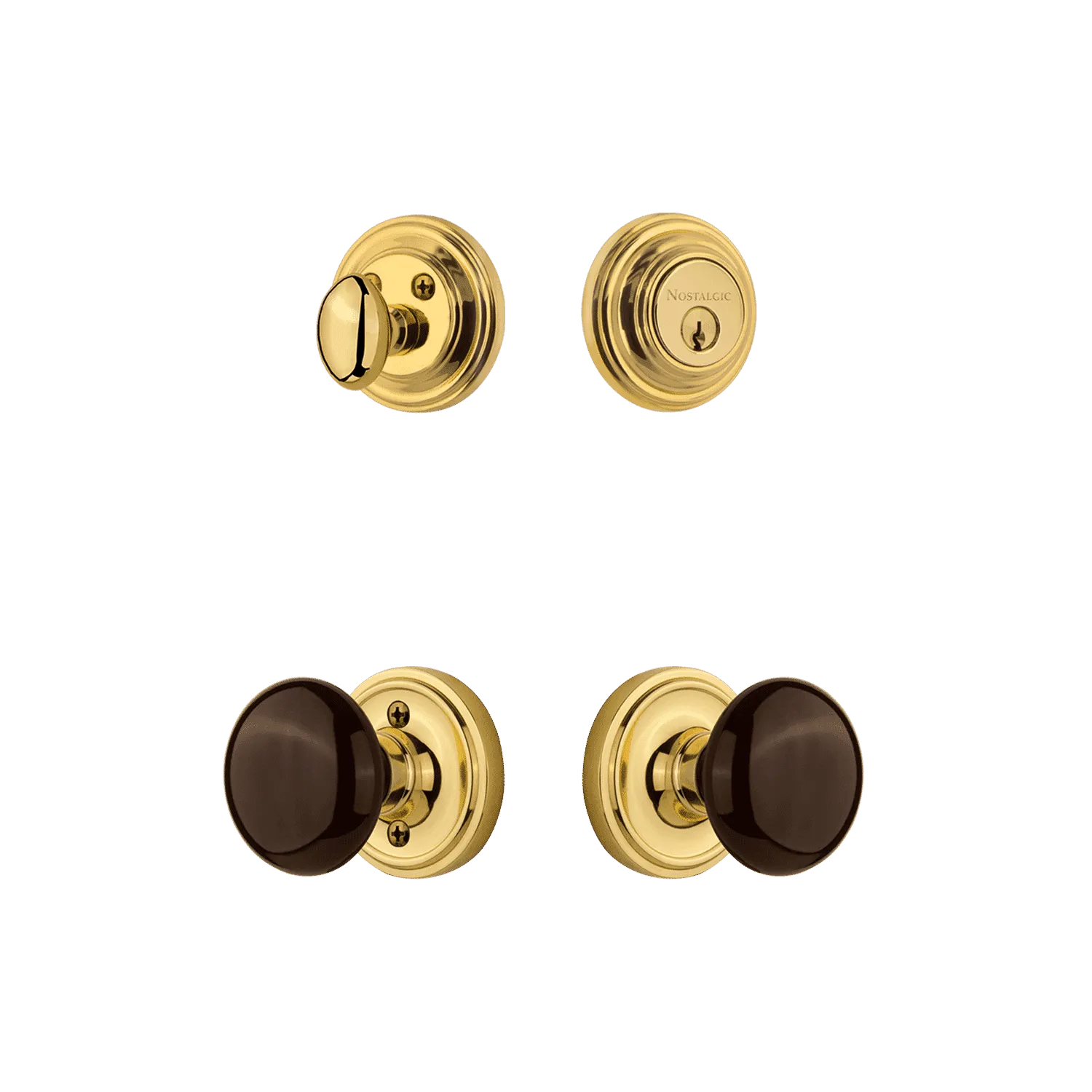 Classic Rosette Entry Set with Brown Porcelain Knob in Unlacquered Brass