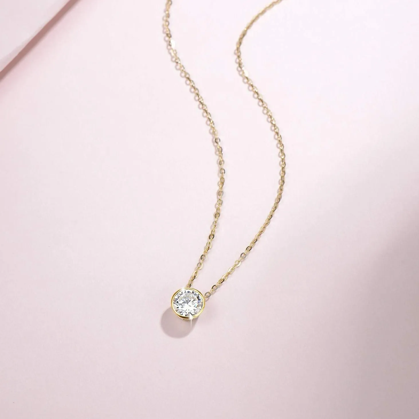 FANCIME Moissanite Bezel Set Solitaire 14K Yellow Gold Necklace