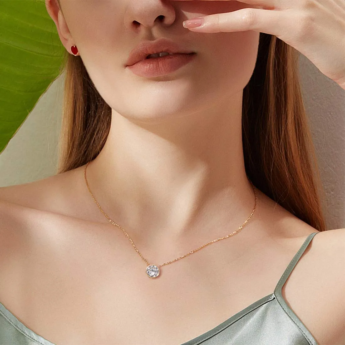FANCIME Moissanite Bezel Set Solitaire 14K Yellow Gold Necklace