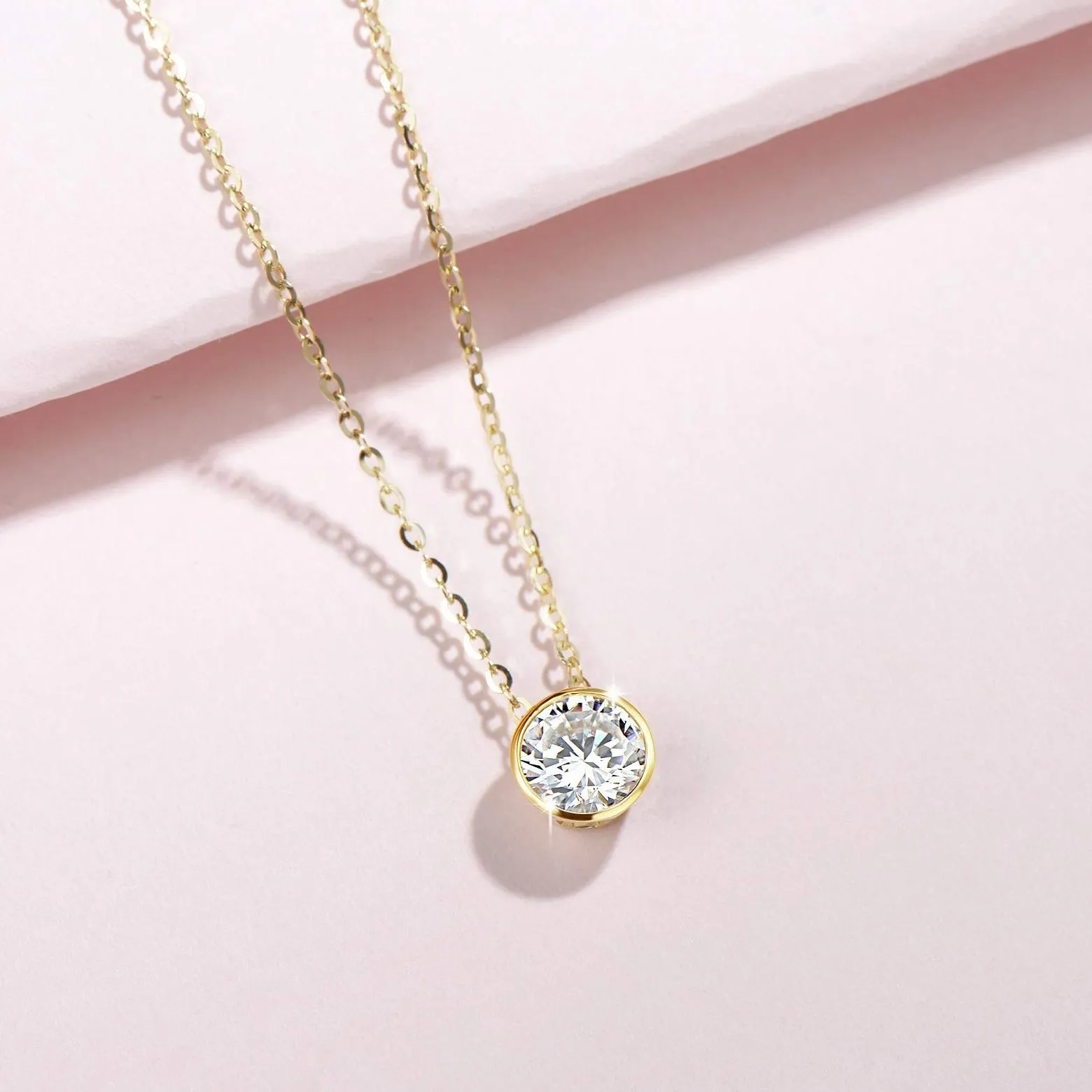 FANCIME Moissanite Bezel Set Solitaire 14K Yellow Gold Necklace