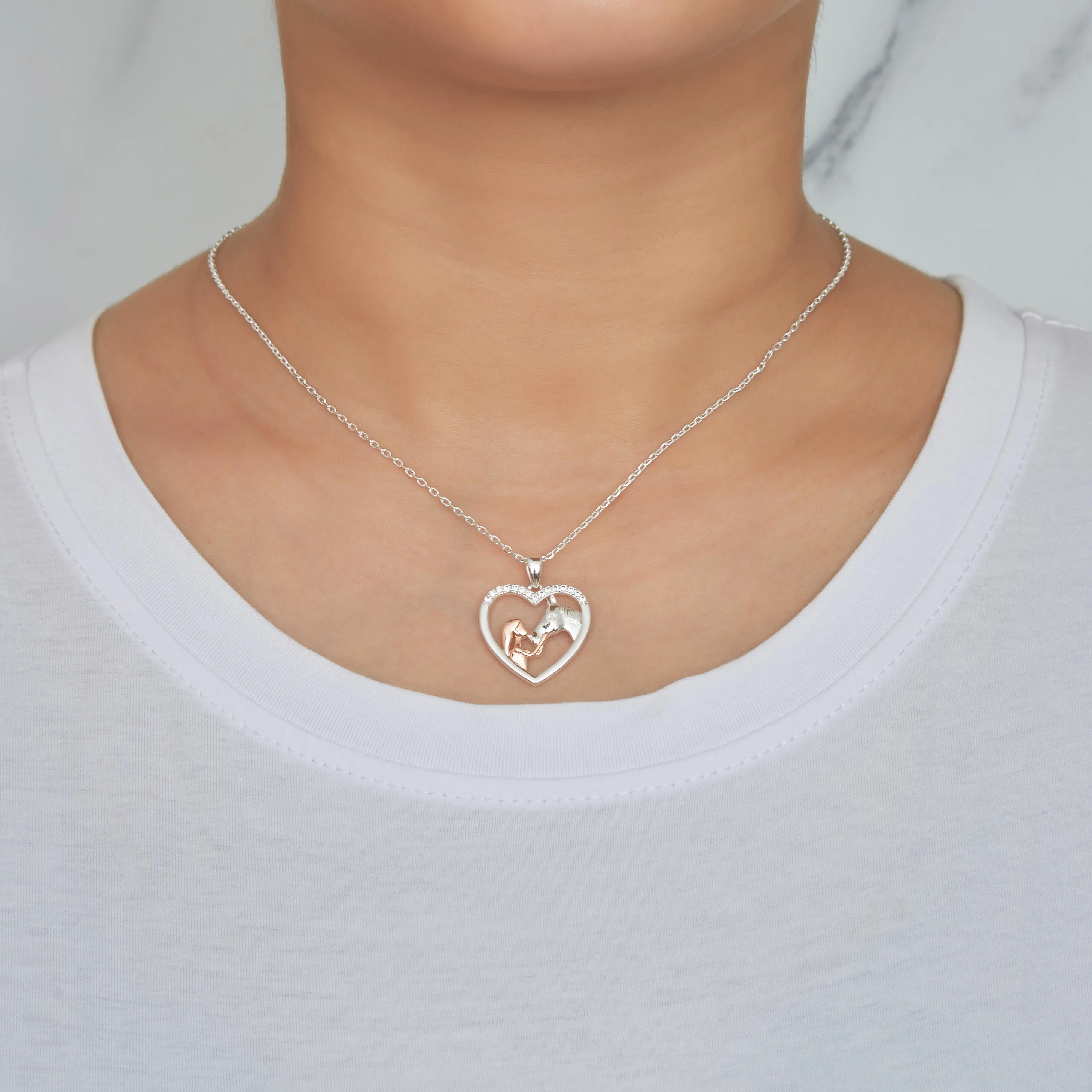 Girl and Horse Heart Necklace Created with Zircondia® Crystals