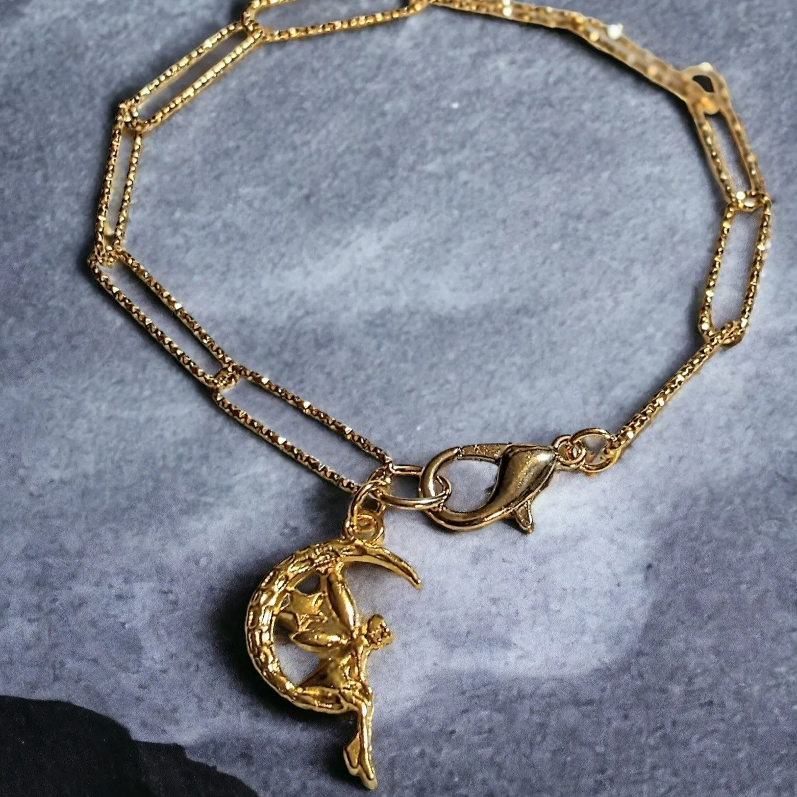 Gold Fairy-Moon Paperclip Chain Bracelet