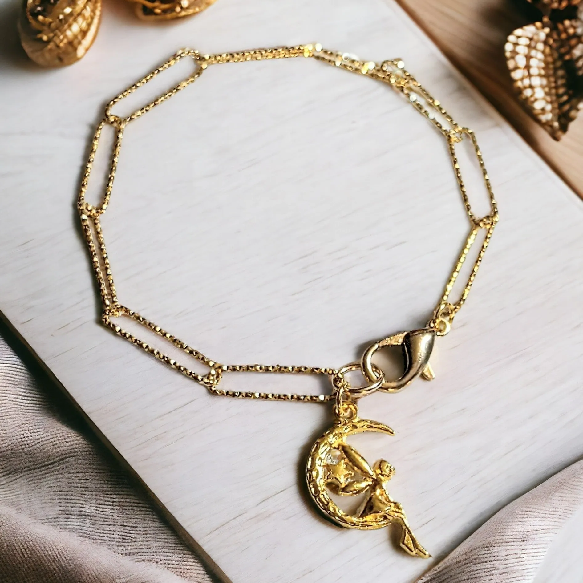 Gold Fairy-Moon Paperclip Chain Bracelet