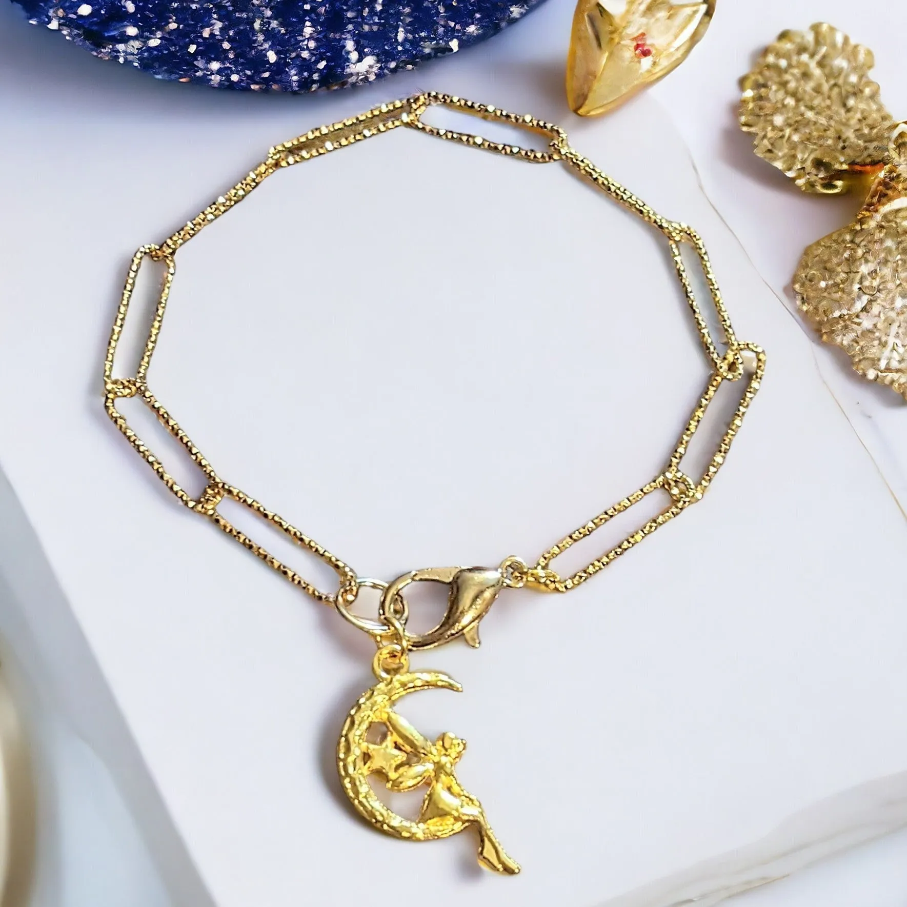 Gold Fairy-Moon Paperclip Chain Bracelet