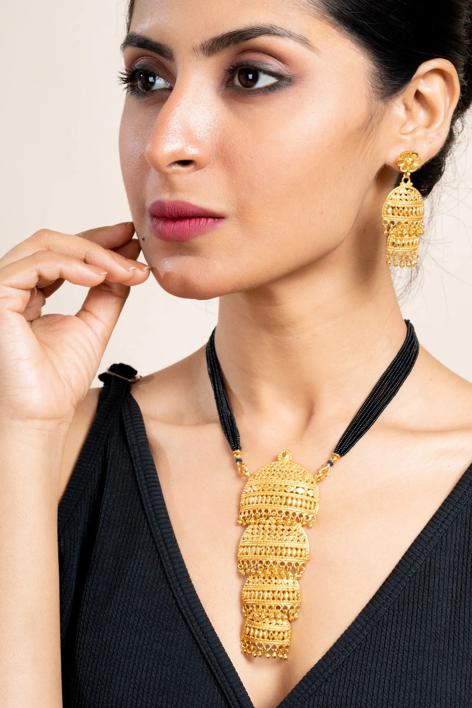 Gold Plated 4 Layer Pendant Necklace Set with Matching Stud Earrings for Elegant Occasions