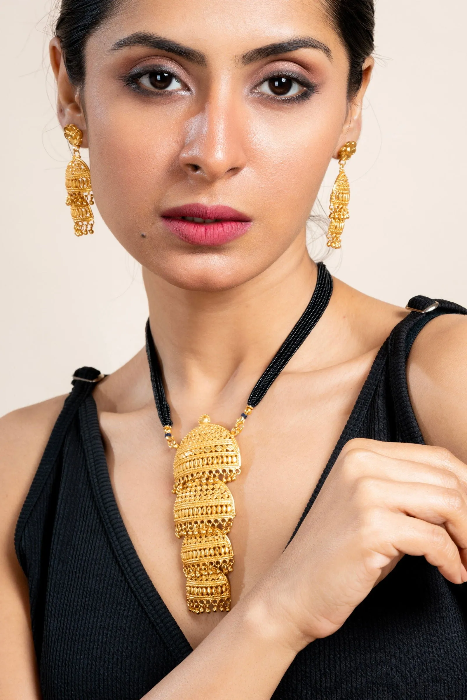 Gold Plated 4 Layer Pendant Necklace Set with Matching Stud Earrings for Elegant Occasions