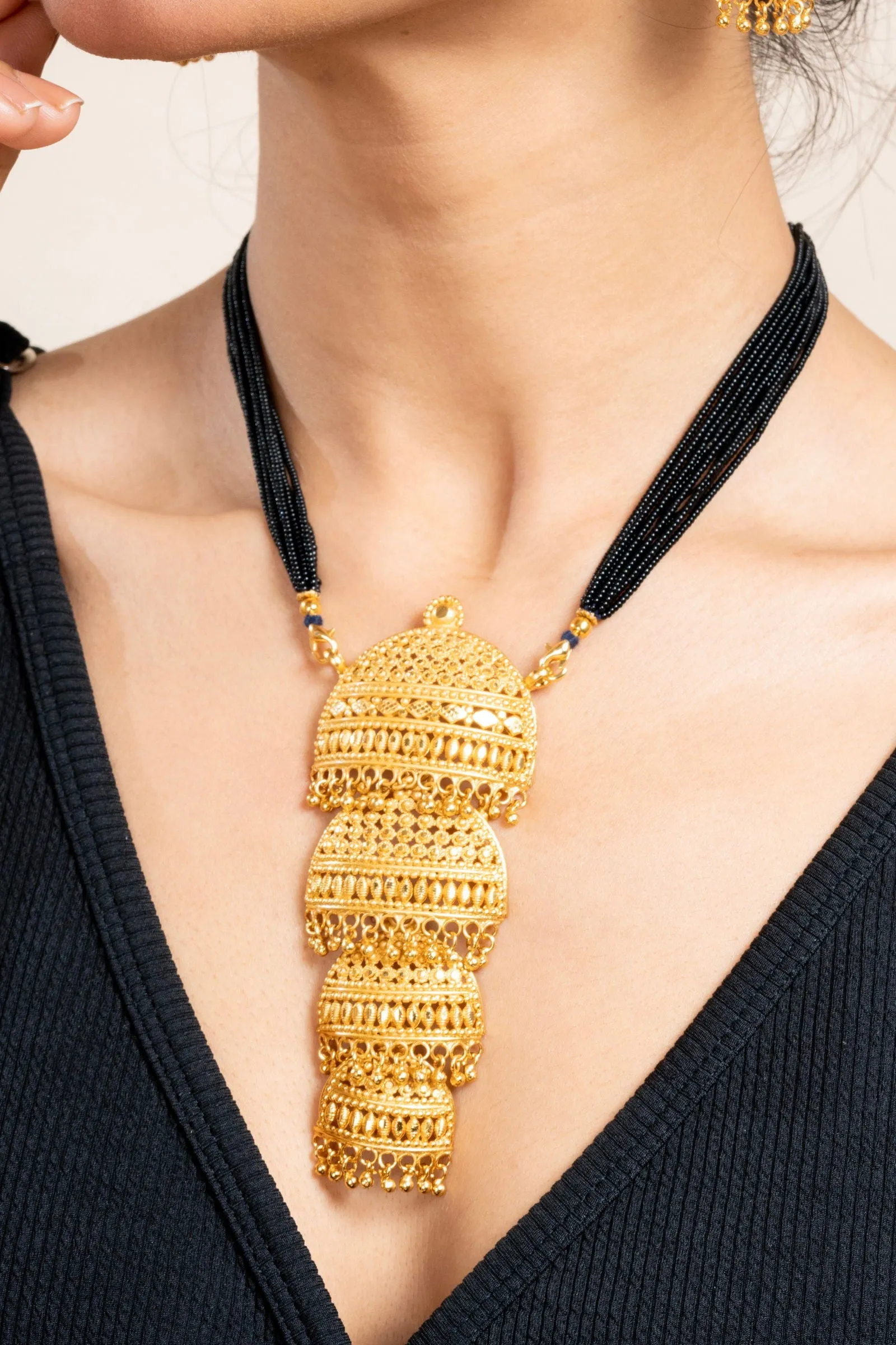 Gold Plated 4 Layer Pendant Necklace Set with Matching Stud Earrings for Elegant Occasions