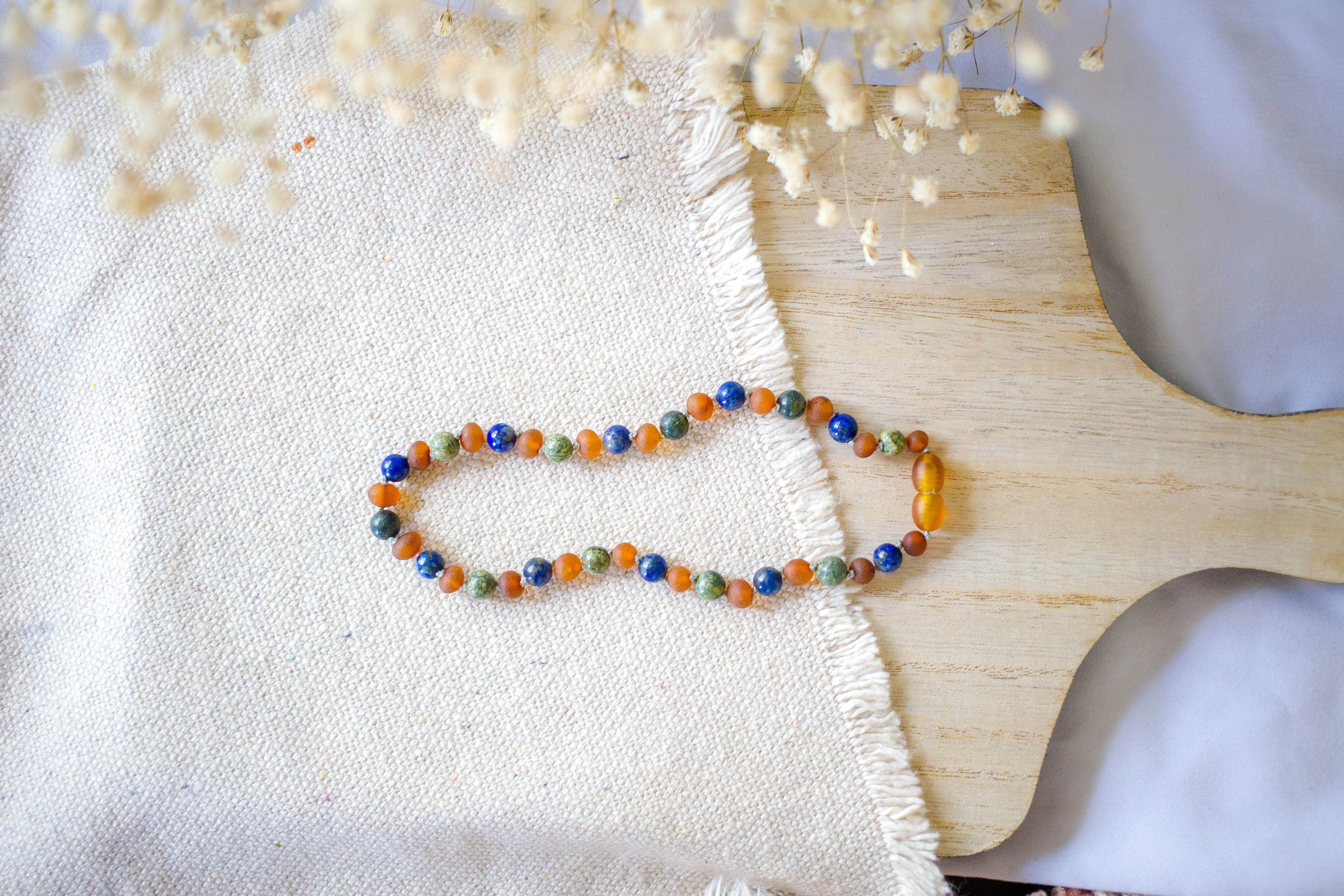 Green Lace Agate and Lapis Lazuli   Raw Cognac Baltic Amber Necklace