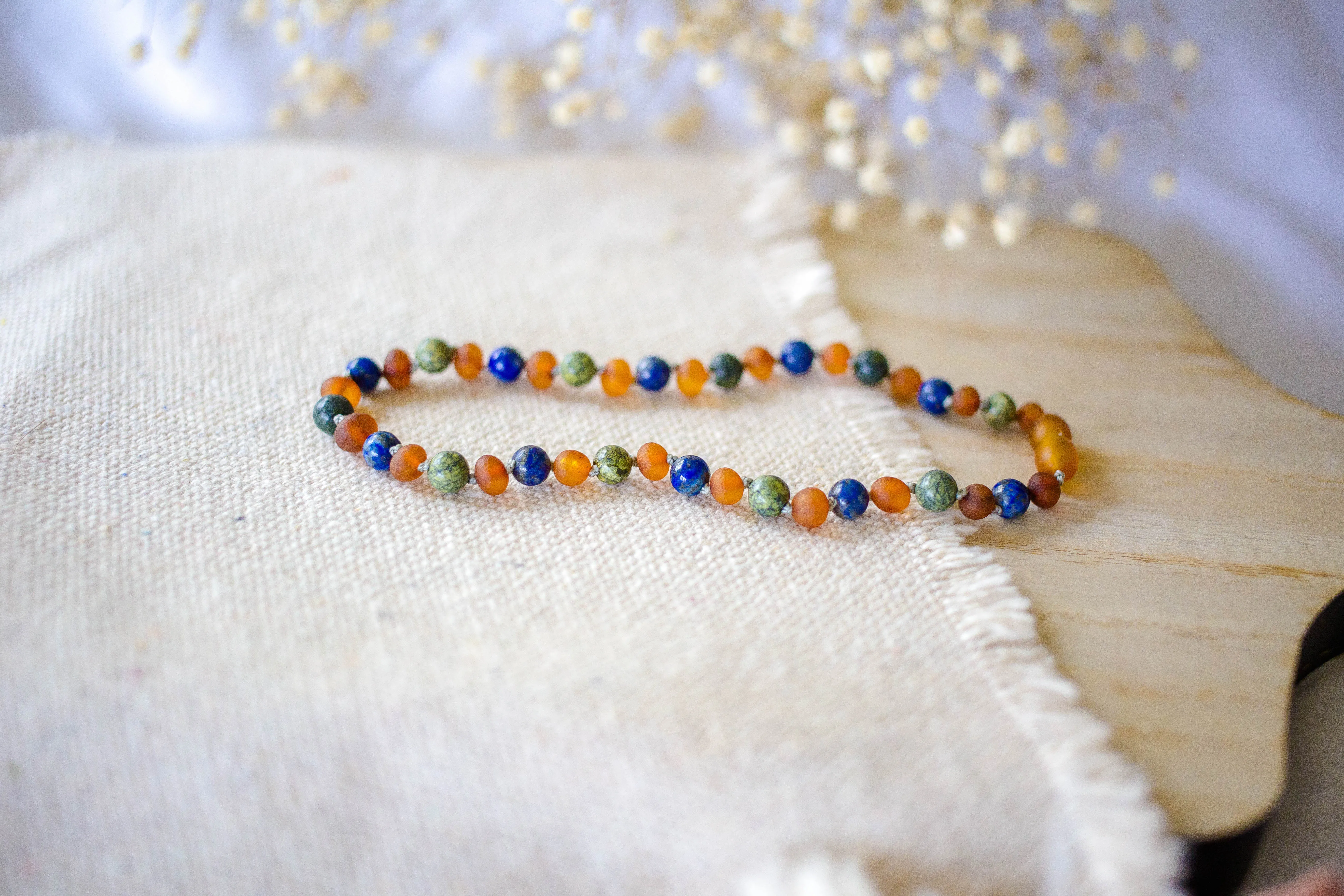 Green Lace Agate and Lapis Lazuli   Raw Cognac Baltic Amber Necklace