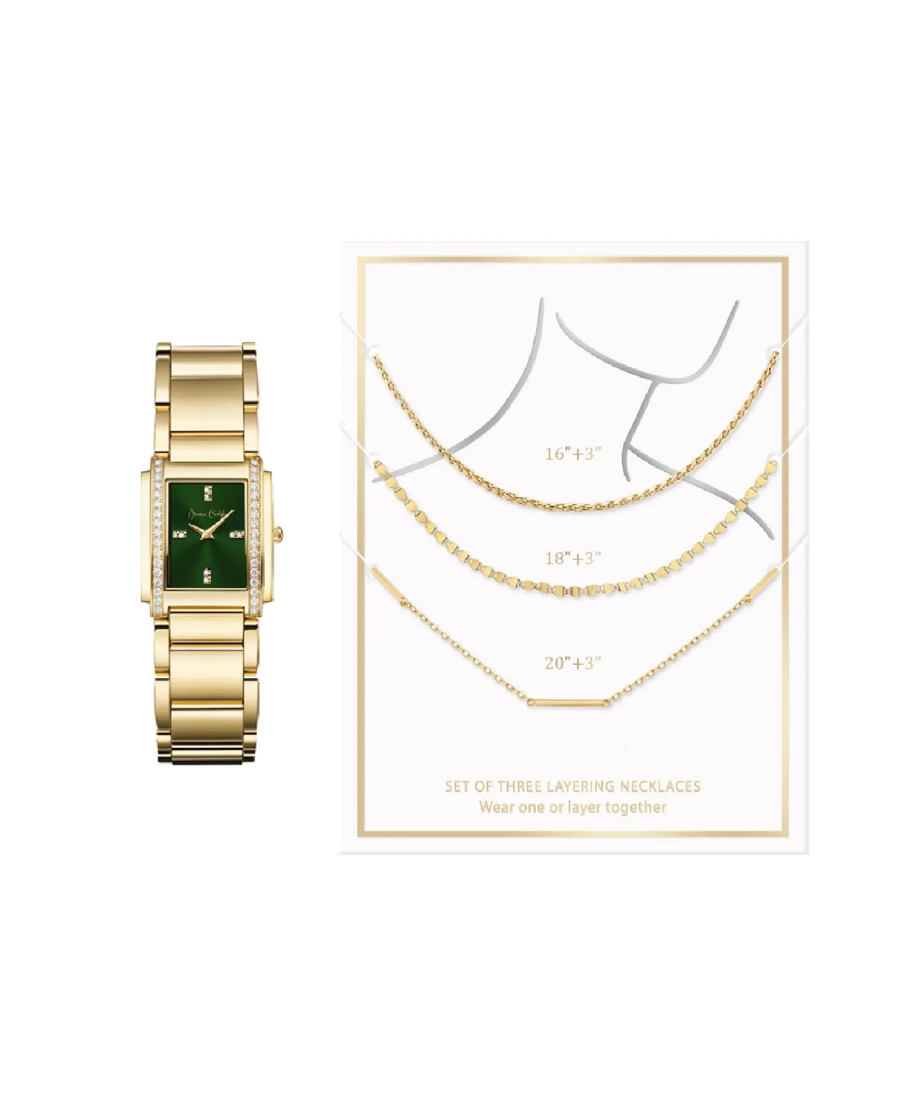 Stylish Jessica Carlyle Ladies Gold Metal Tank Watch & Necklace Set