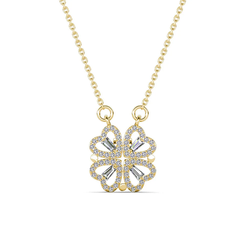 Kendra 18k White Gold Plated 2-in-1 Heart/Clover Pendant Necklace with Crystals