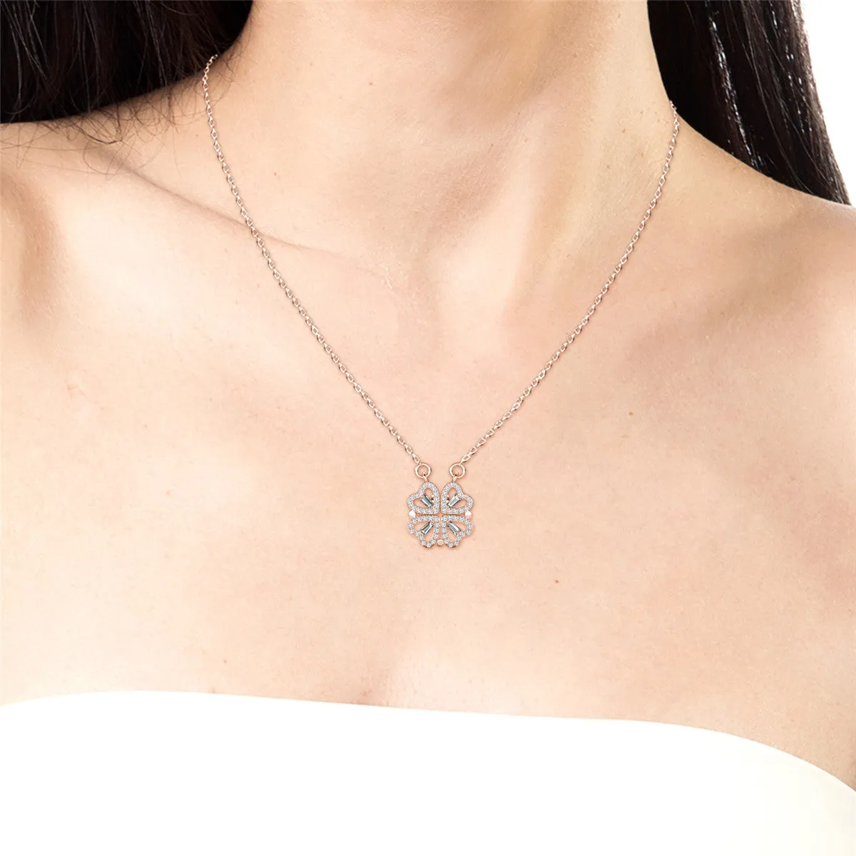 Kendra 18k White Gold Plated 2-in-1 Heart/Clover Pendant Necklace with Crystals