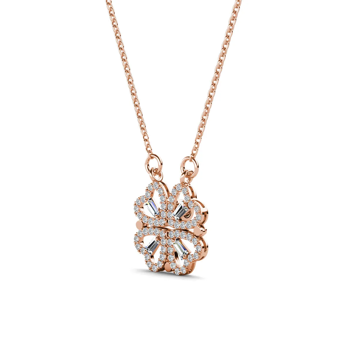 Kendra 18k White Gold Plated 2-in-1 Heart/Clover Pendant Necklace with Crystals