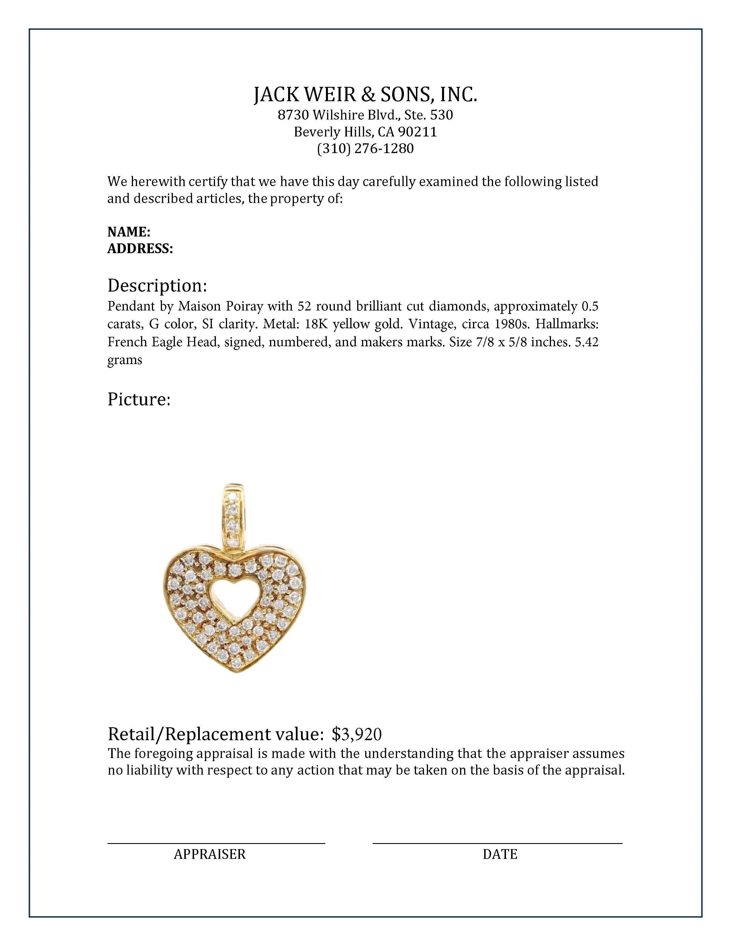 Maison Poiray French Vintage Diamond 18K Yellow Gold Heart Pendant