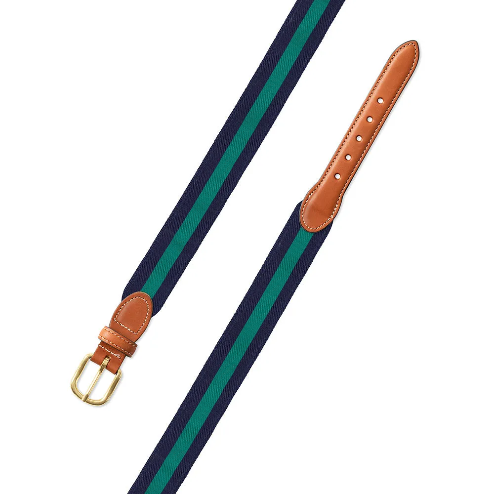 Navy & Green Grosgrain Ribbon Leather Tab Belt