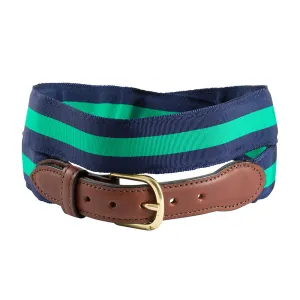 Navy & Green Grosgrain Ribbon Leather Tab Belt