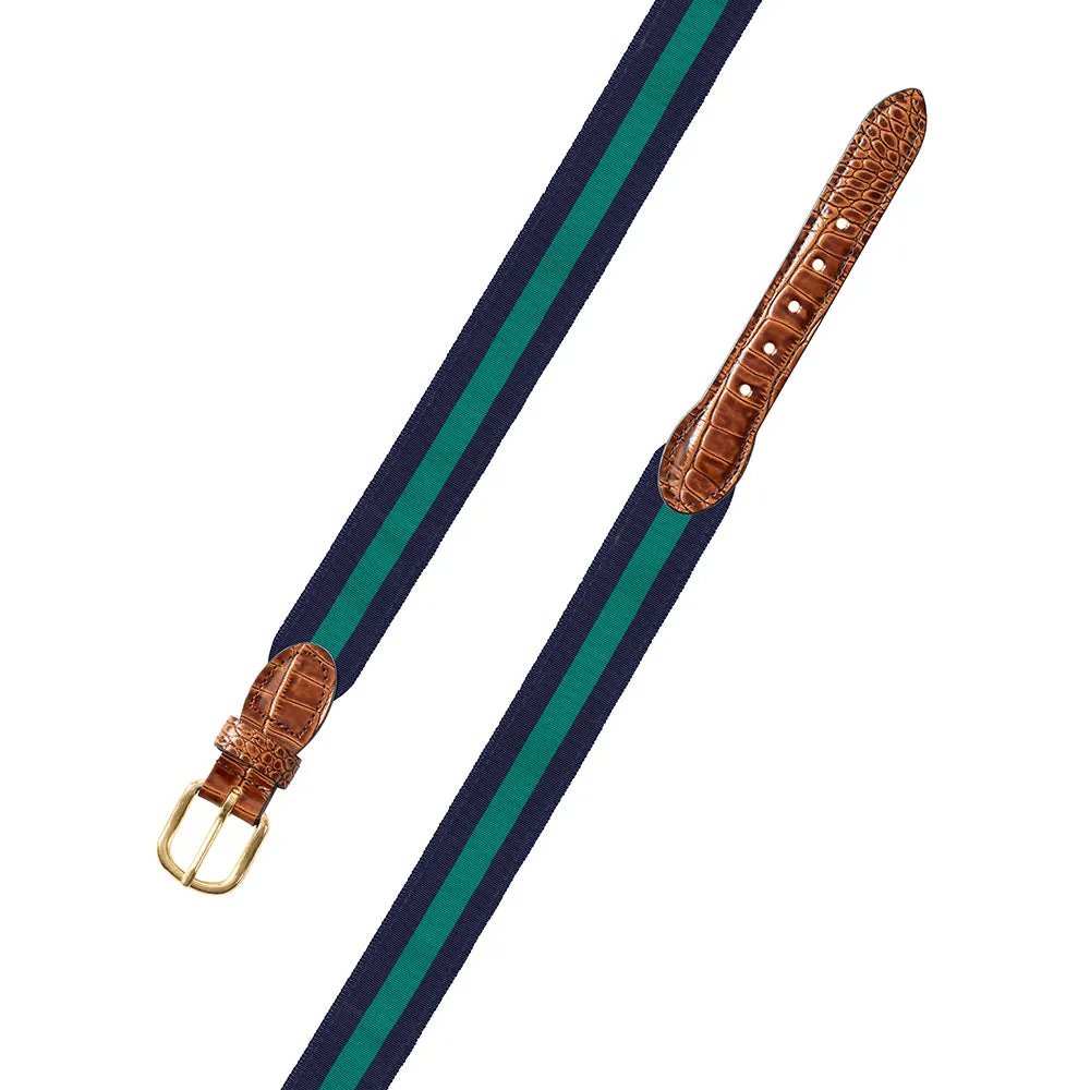Navy & Green Grosgrain Ribbon Leather Tab Belt