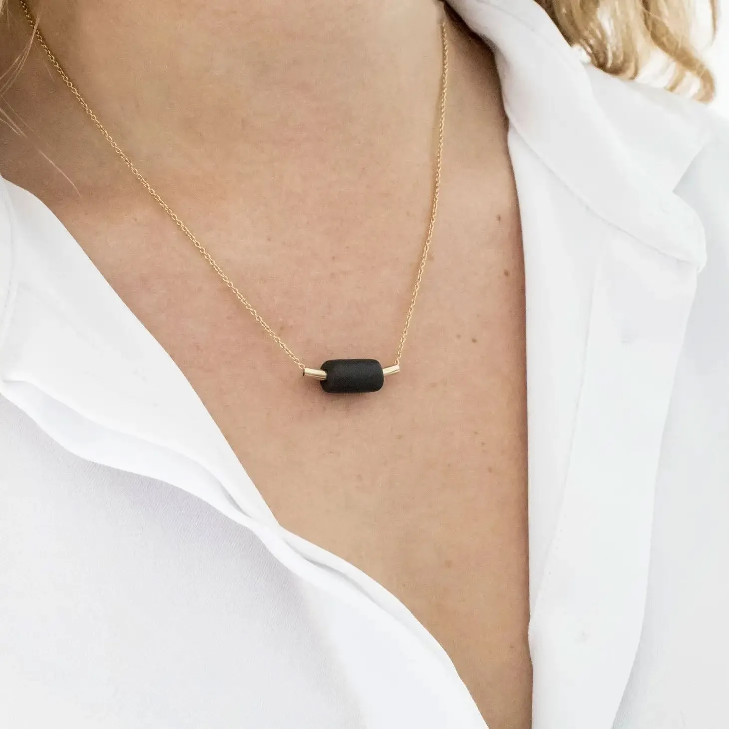 Necklace - Gold Tube & Black Bead
