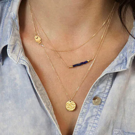 Optimized Title: Elegant Fatima Hand Multilayer Hammered Chain Lariat Necklace with Long Bar Pendant - Stylish Jewelry for Women (JHS018)
