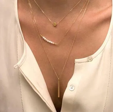 Optimized Title: Elegant Fatima Hand Multilayer Hammered Chain Lariat Necklace with Long Bar Pendant - Stylish Jewelry for Women (JHS018)