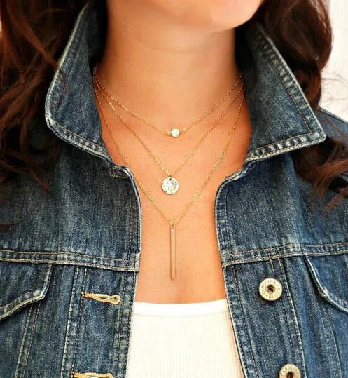 Optimized Title: Elegant Fatima Hand Multilayer Hammered Chain Lariat Necklace with Long Bar Pendant - Stylish Jewelry for Women (JHS018)