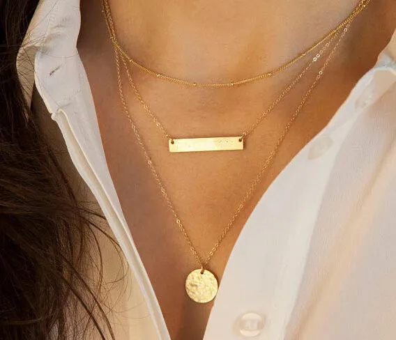 Optimized Title: Elegant Fatima Hand Multilayer Hammered Chain Lariat Necklace with Long Bar Pendant - Stylish Jewelry for Women (JHS018)