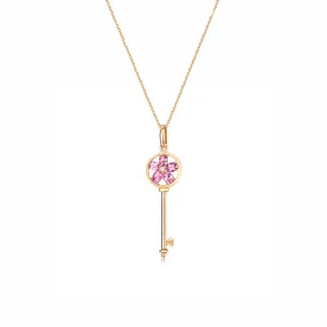 "Pink Daisy" 18K Rose Gold Oval Cut 0.86ct Natural Pink Tourmaline and 0.016cttw Diamond Flower Key Pendant Necklace for Women 18 Inches