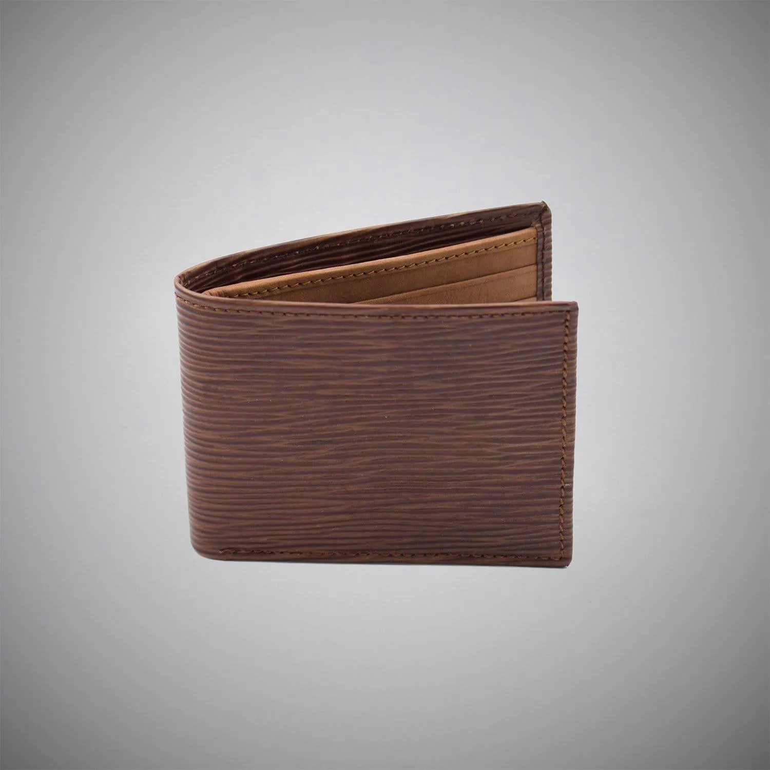 Tan Wood Grain Embossed Calf Leather Wallet With Tan Suede Interior