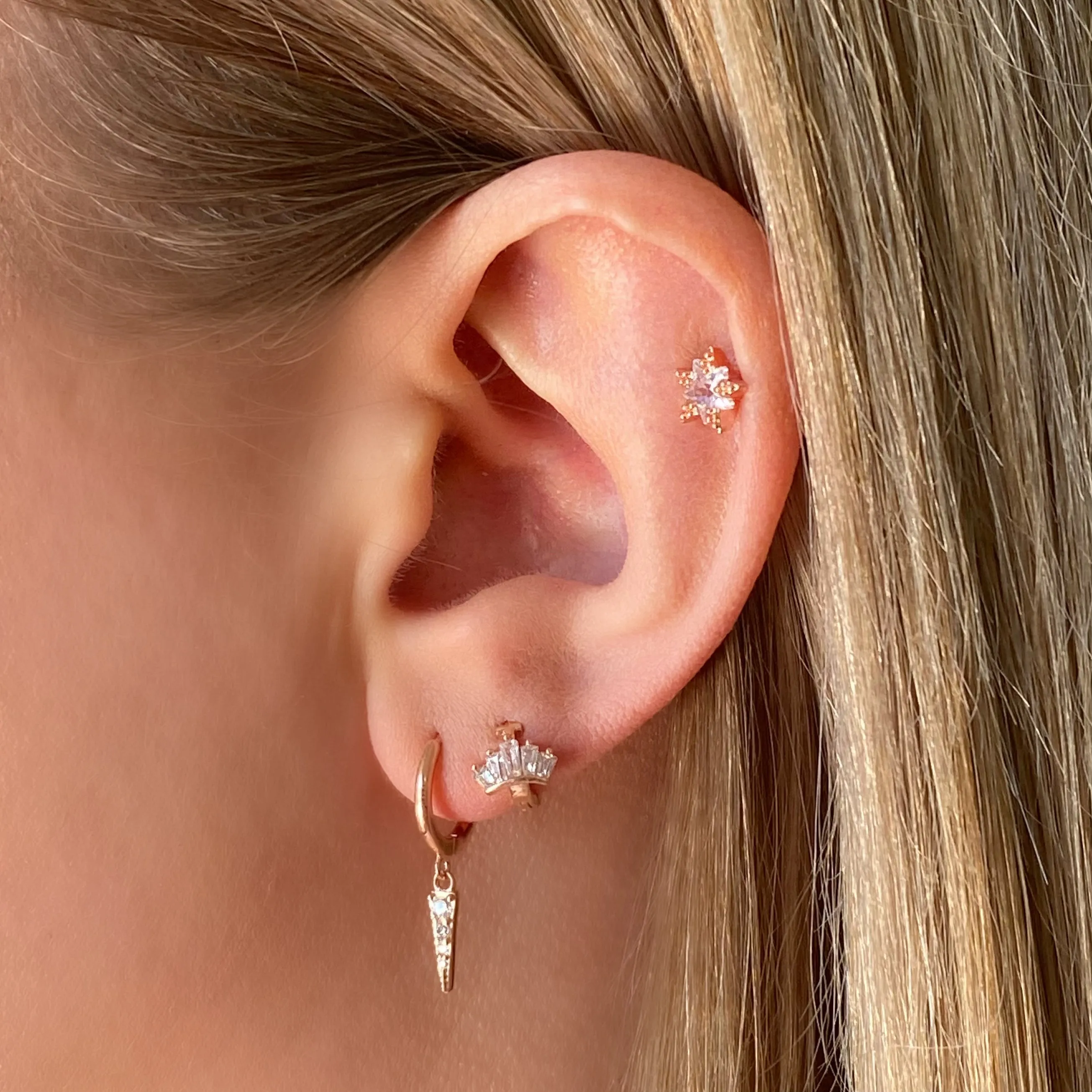 Tiny Star Crystal Barbell Earring - Rose Gold