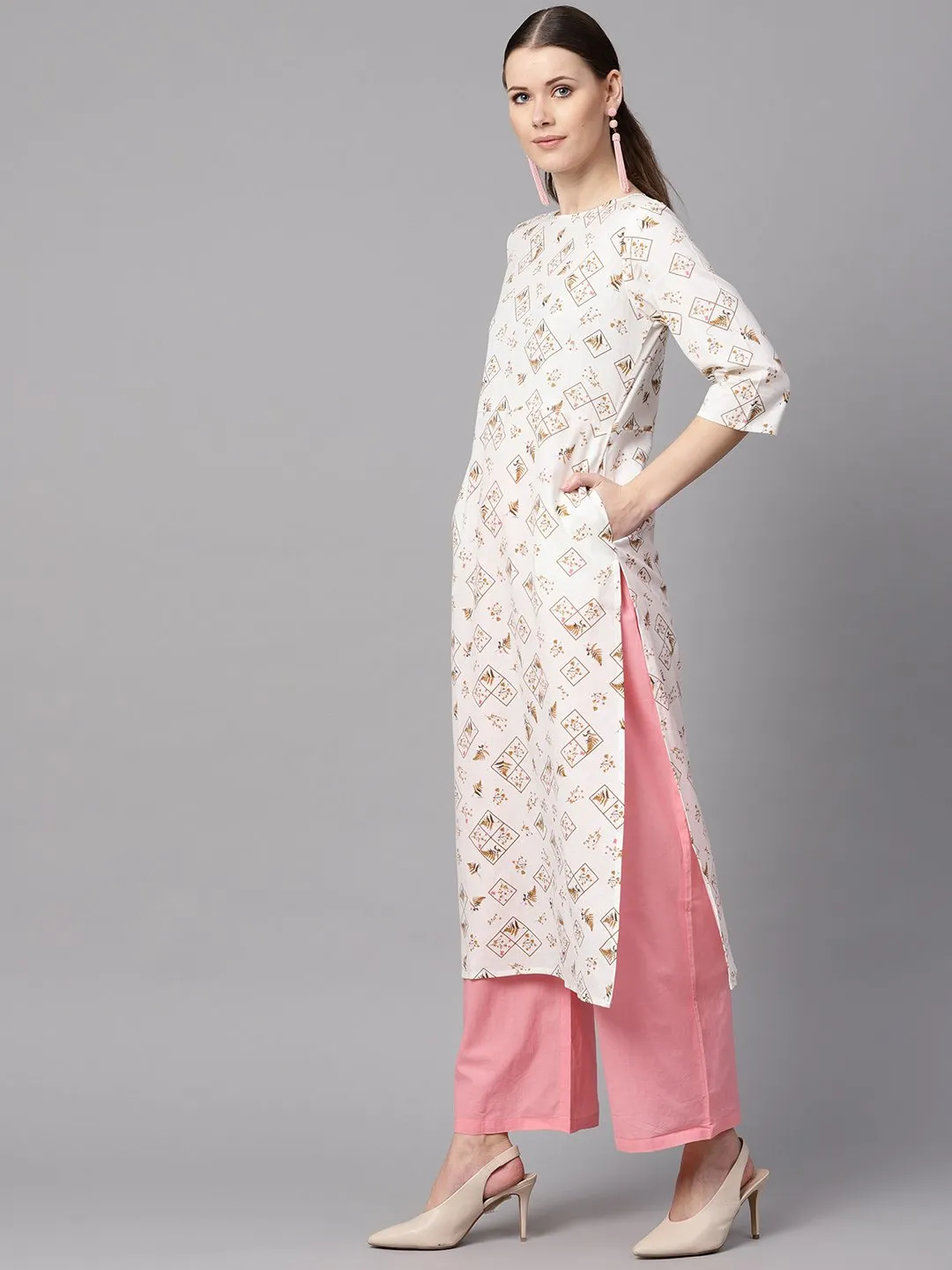 White Printed 3/4Th Sleeve Kurta With Solid Baby Pink Palazzo & Dupatta