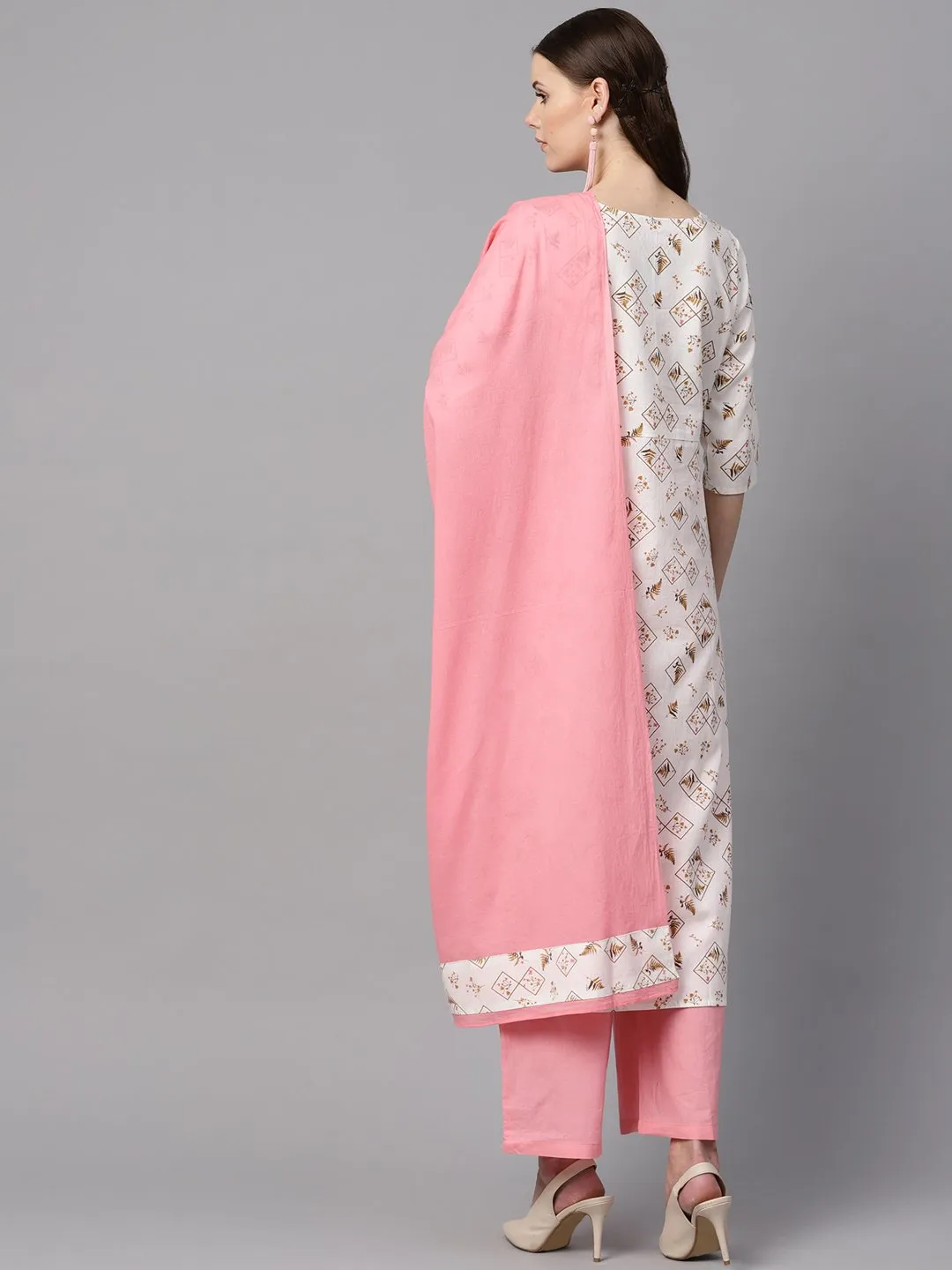 White Printed 3/4Th Sleeve Kurta With Solid Baby Pink Palazzo & Dupatta