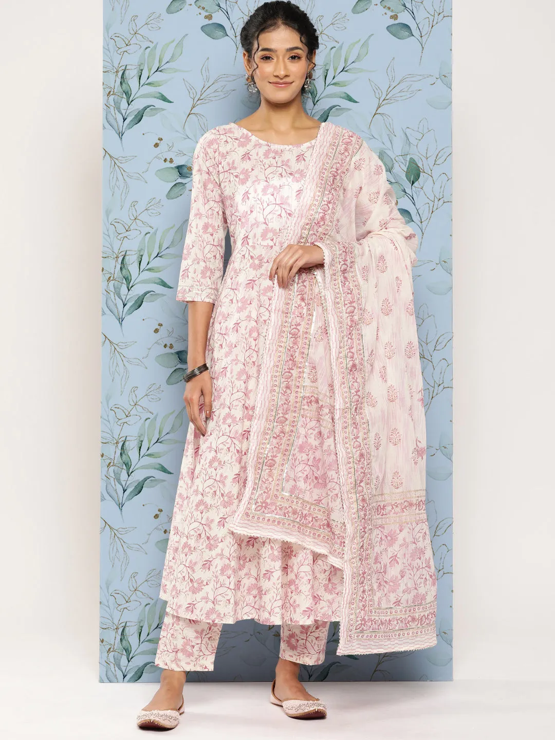 Women Off- White & Pink Printed Anarkali Kurta With Trouser And Dupatta