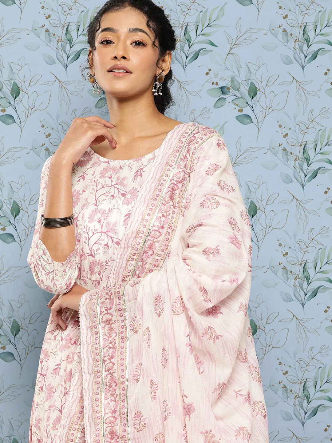 Women Off- White & Pink Printed Anarkali Kurta With Trouser And Dupatta
